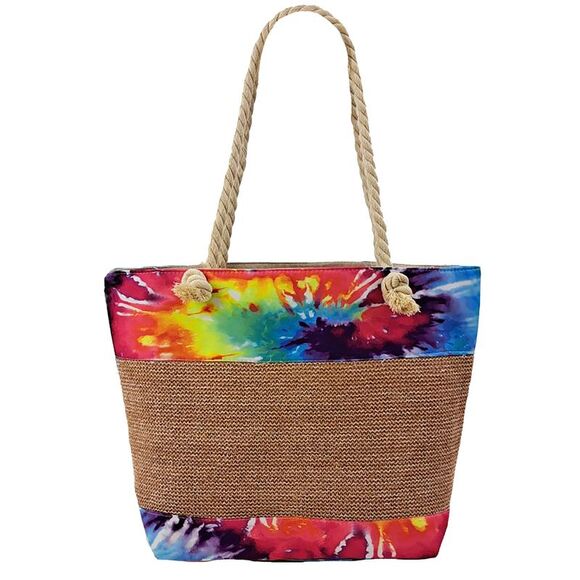 Tie-Die Woven Canvas Beach Tote Bag With Rope Handles - Picture 3 of 3
